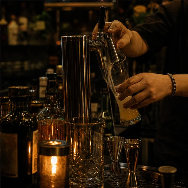吧台手部正在倒酒與調酒