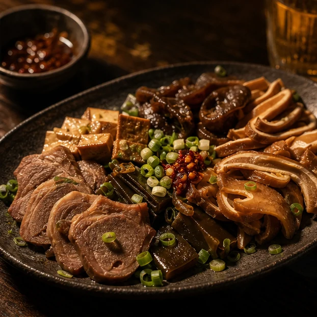 滷味拼盤搭配蔥花與辣油