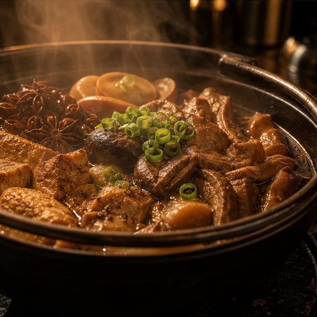 熱滷鍋裡的滷汁香料與食材