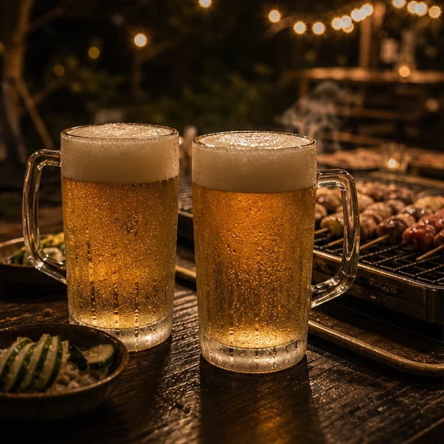 兩杯冰涼生啤與暖光吧台