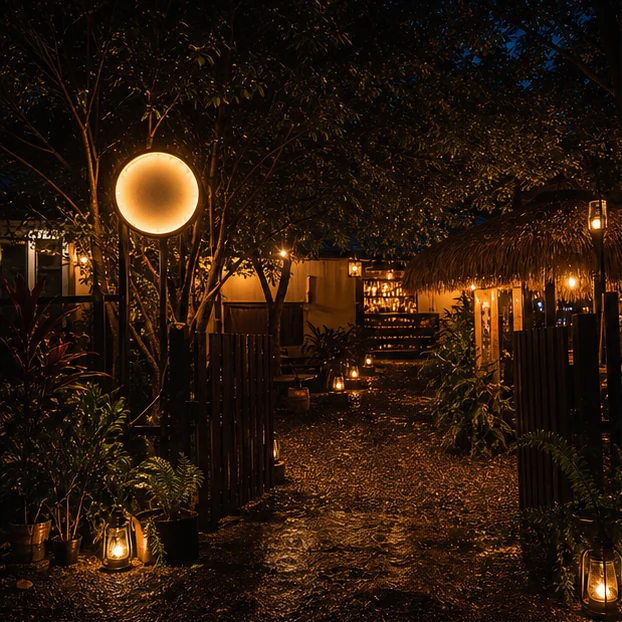 夜晚庭園入口與暖光招牌