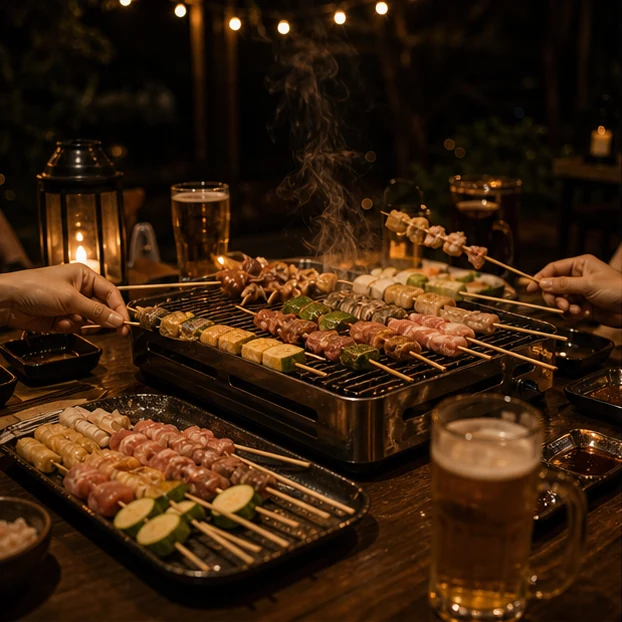 庭園桌邊自烤串物與啤酒